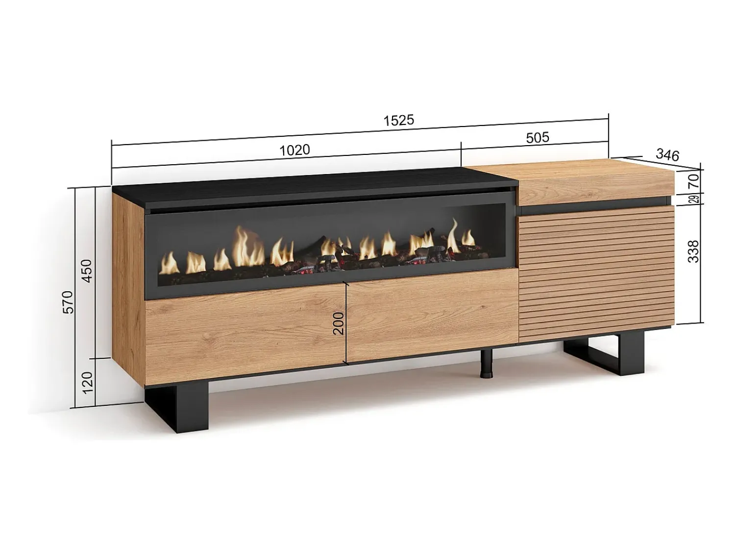 Móvel De Tv*Skraut Home Móvel de TV, 150x35x57cm, Para televisores até 65", Lareira eléctrica, Design industrial, Carvahlo Natural claro