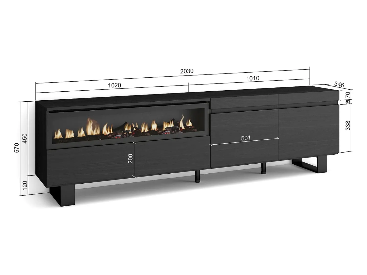 Móvel De Tv|Skraut Home Móvel de TV, 200x35x57cm, Para televisores até 80", Lareira eléctrica, Design industrial, Preto