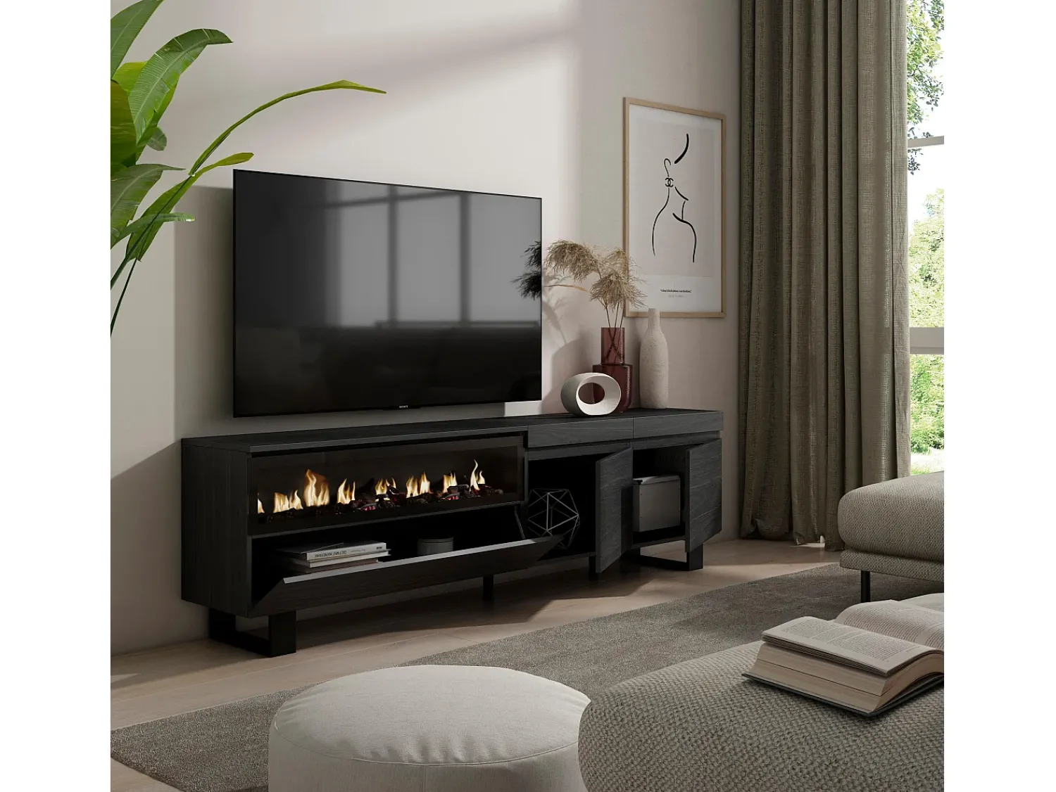 Móvel De Tv|Skraut Home Móvel de TV, 200x35x57cm, Para televisores até 80", Lareira eléctrica, Design industrial, Preto