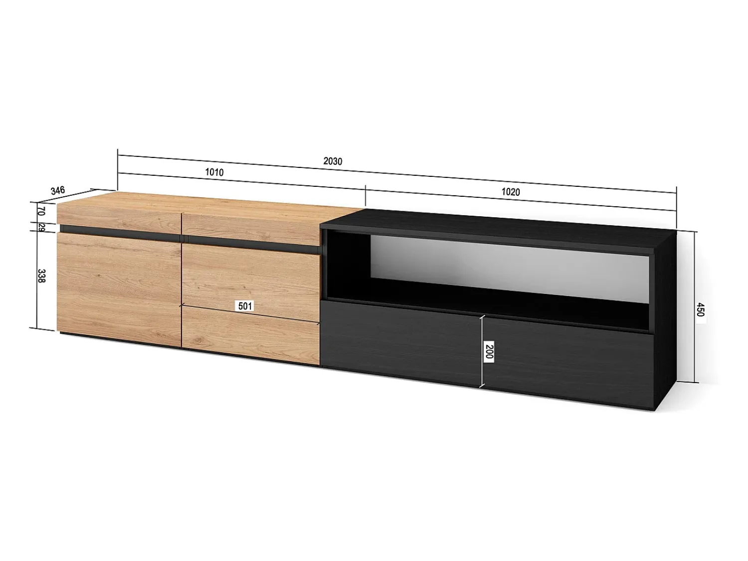 Móvel De Tv*Skraut Home Móvel de TV, 200x35x45cm, Para televisores até 80", Estante para TV, Carvahlo e preto Natural claro