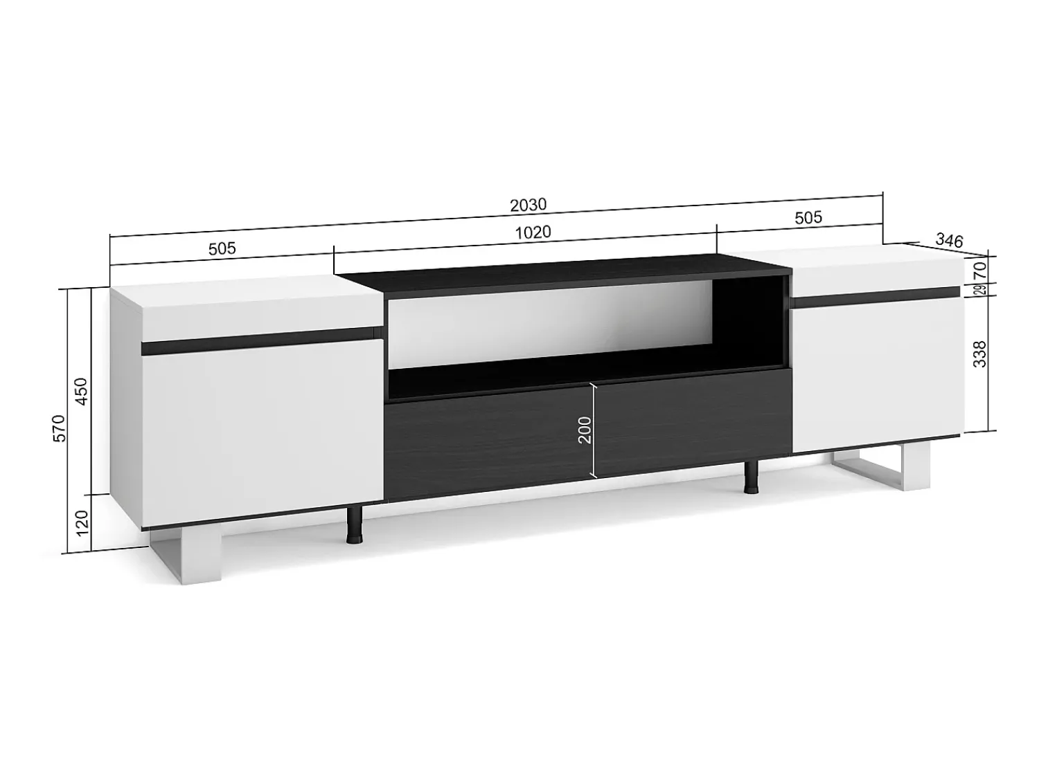 Móvel De Tv|Skraut Home Móvel de TV, 200x35x57cm, Para televisores até 80", Design industrial, e preto Branco
