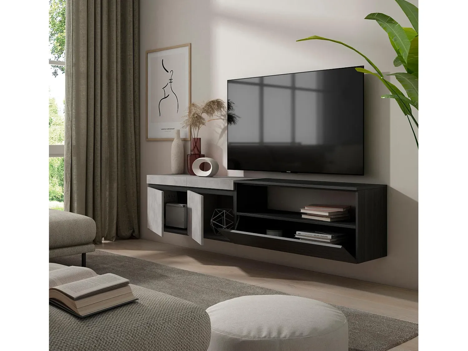 Móvel De Tv|Skraut Home Móvel de TV, 200x35x45cm, Para televisores até 80", Suspensos, Cimento Cinzento
