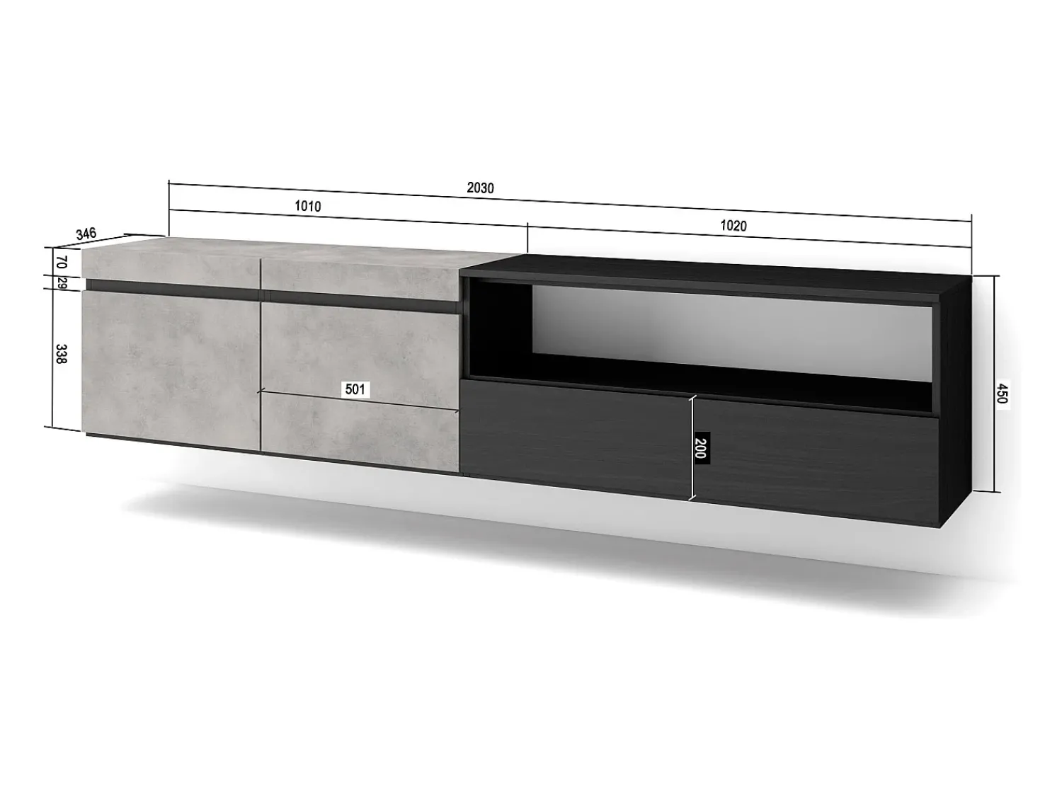Móvel De Tv|Skraut Home Móvel de TV, 200x35x45cm, Para televisores até 80", Suspensos, Cimento Cinzento