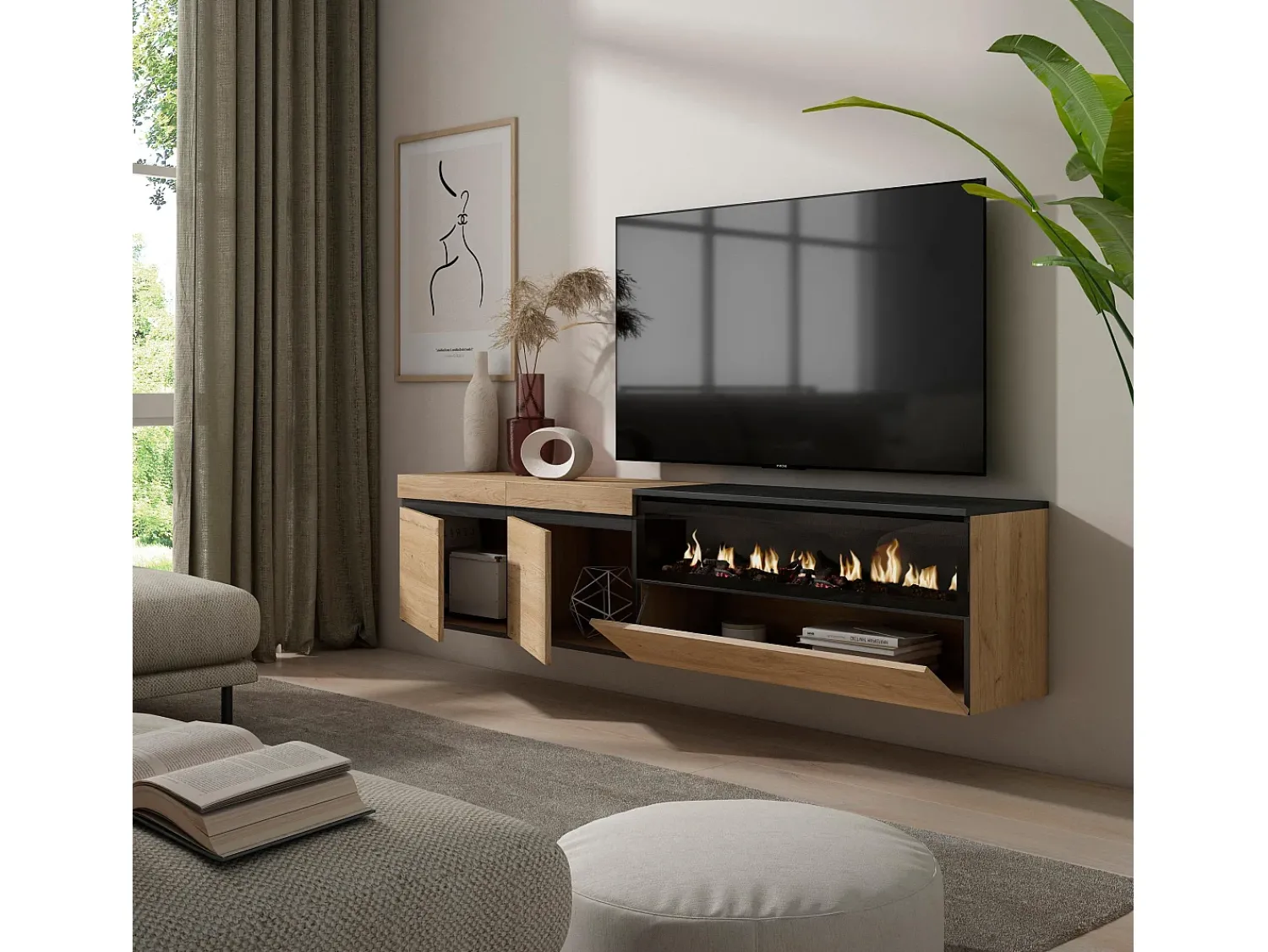 Skraut Home Móvel de TV, 200x35x45cm, Para televisores até 80", Lareira eléctrica, Suspensos, Carvahlo e preto^ Móvel De Tv