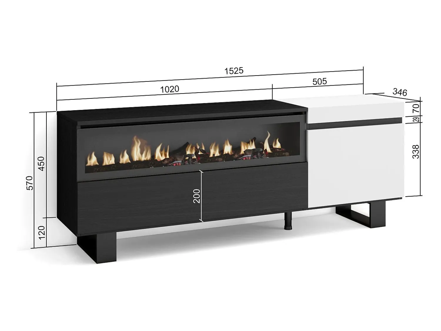 Móvel De Tv|Skraut Home Móvel de TV, 150x35x57cm, Para televisores até 65", Lareira eléctrica, Design industrial, e preto Branco