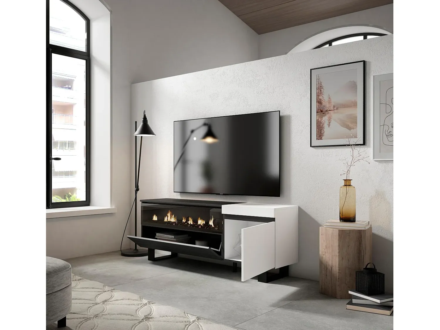 Móvel De Tv|Skraut Home Móvel de TV, 150x35x57cm, Para televisores até 65", Lareira eléctrica, Design industrial, e preto Branco