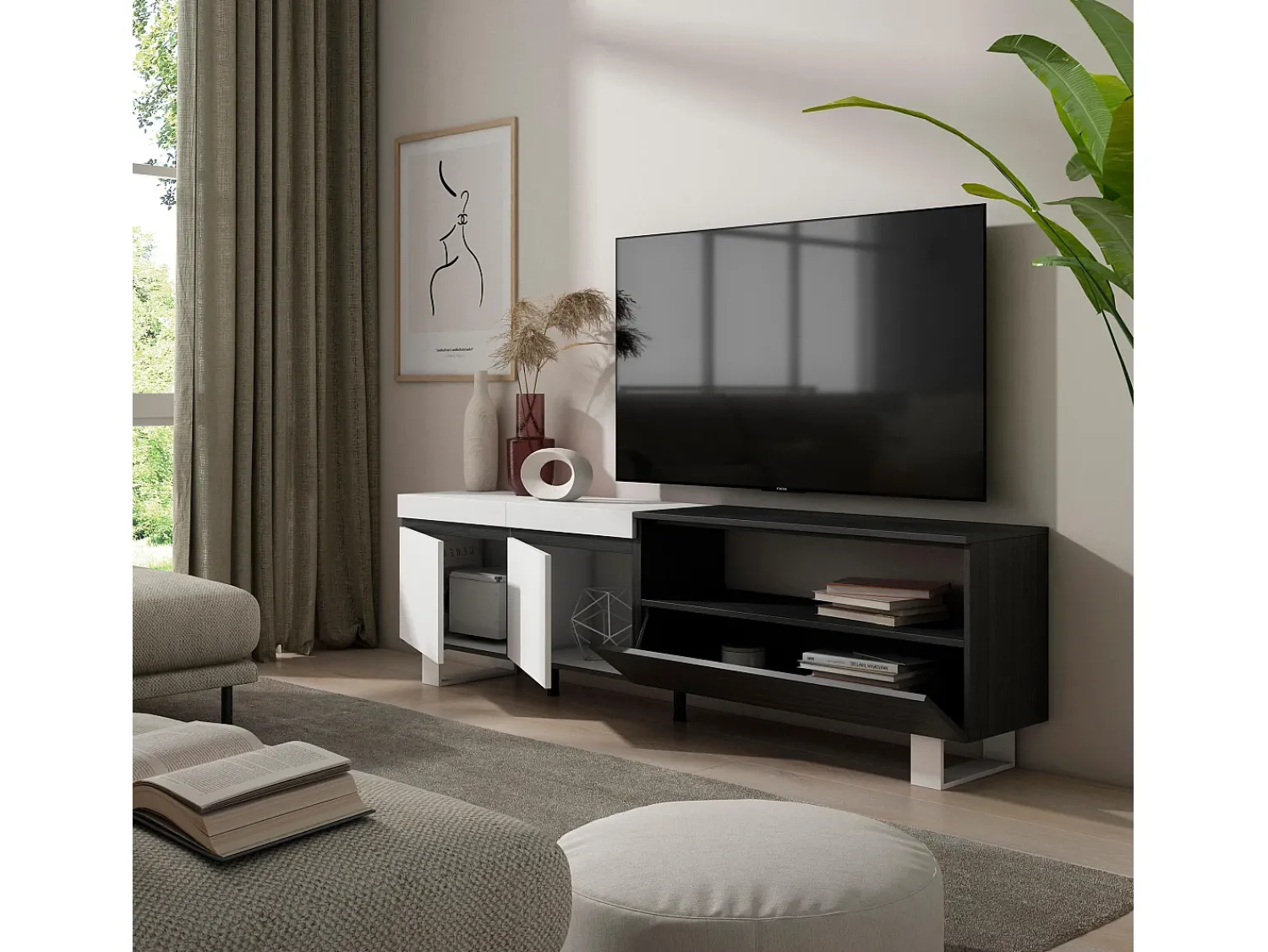 Móvel De Tv|Skraut Home Móvel de TV, 200x35x57cm, Para televisores até 80", Design industrial, e preto Branco