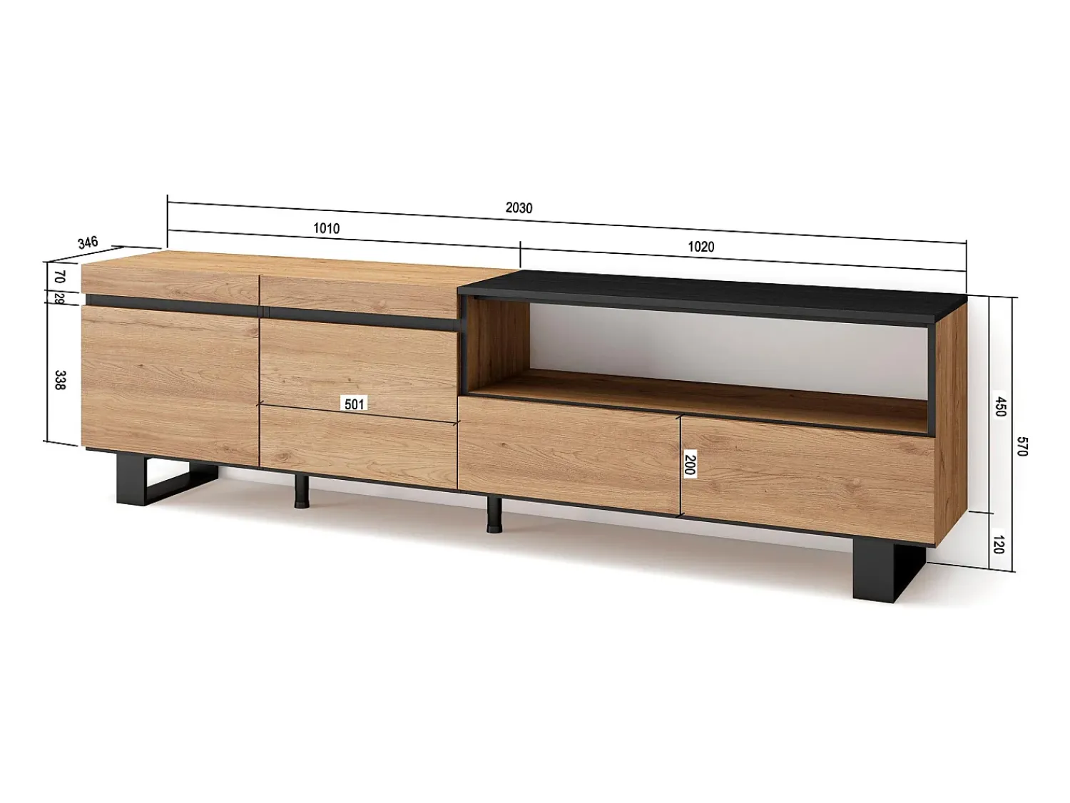 Móvel De Tv*Skraut Home Móvel de TV, 200x35x57cm, Para televisores até 80", Design industrial, Carvahlo e preto Natural claro