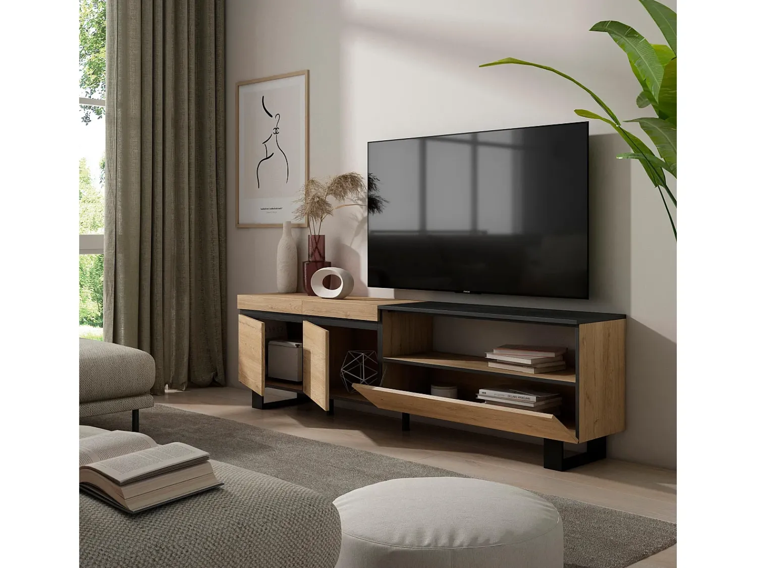 Móvel De Tv*Skraut Home Móvel de TV, 200x35x57cm, Para televisores até 80", Design industrial, Carvahlo e preto Natural claro