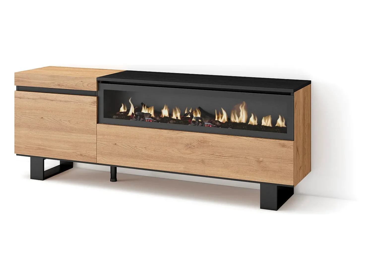 Best Skraut Home Móvel de TV, 150x35x57cm, Para televisores até 65", Lareira eléctrica, Design industrial, Carvahlo e preto Natural claro