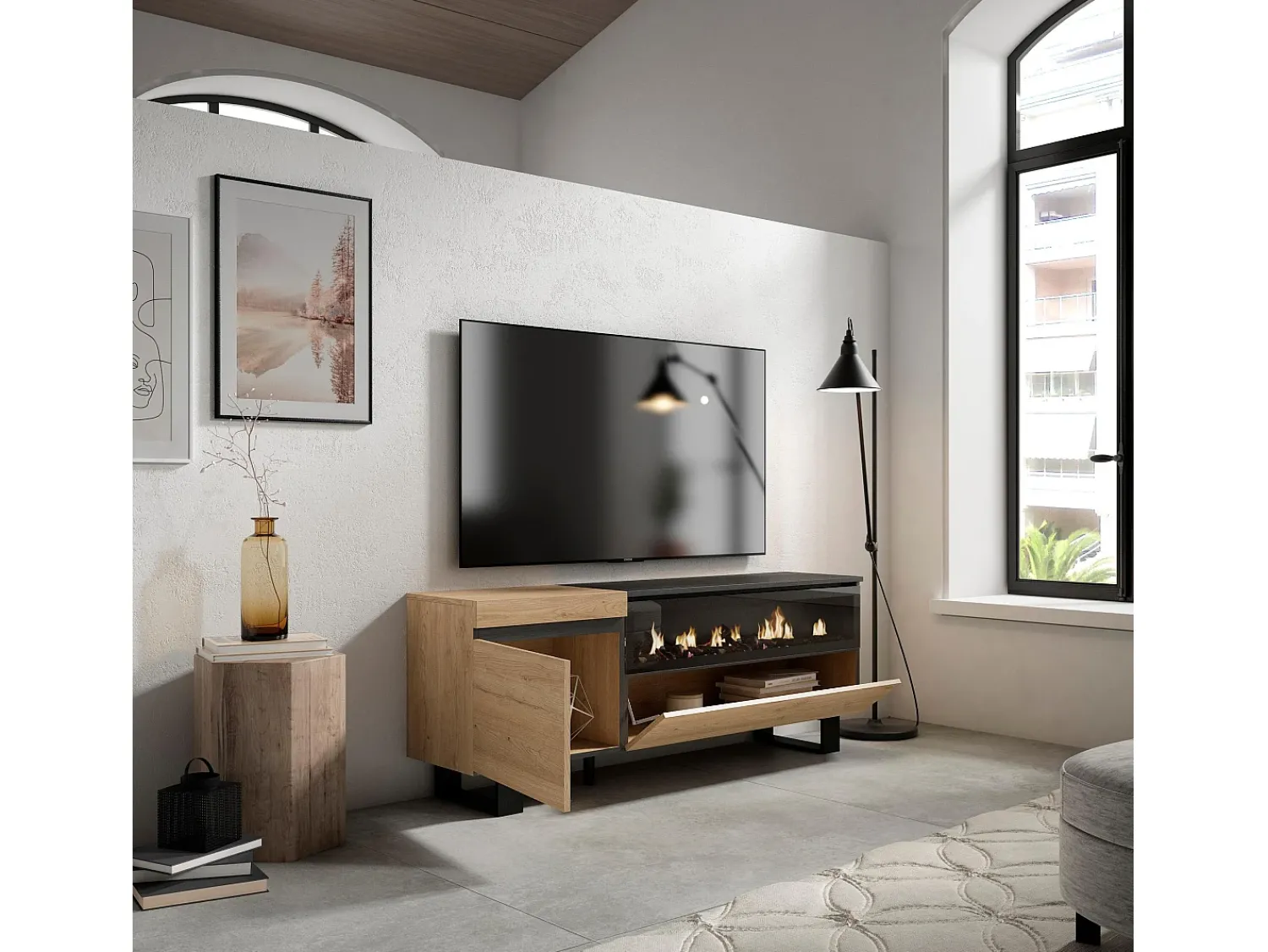 Best Skraut Home Móvel de TV, 150x35x57cm, Para televisores até 65", Lareira eléctrica, Design industrial, Carvahlo e preto Natural claro