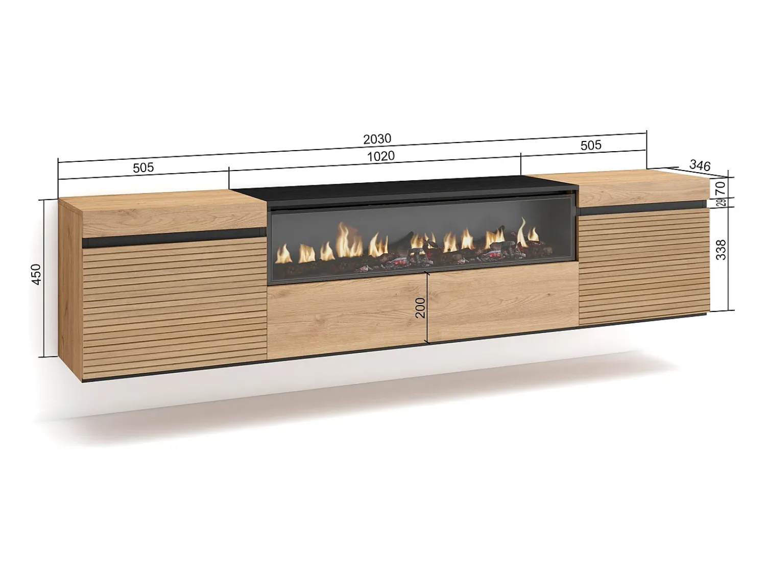 Móvel De Tv|Skraut Home Móvel de TV, 200x35x45cm, Para televisores até 80", Lareira eléctrica, Suspensos, Carvahlo Natural claro