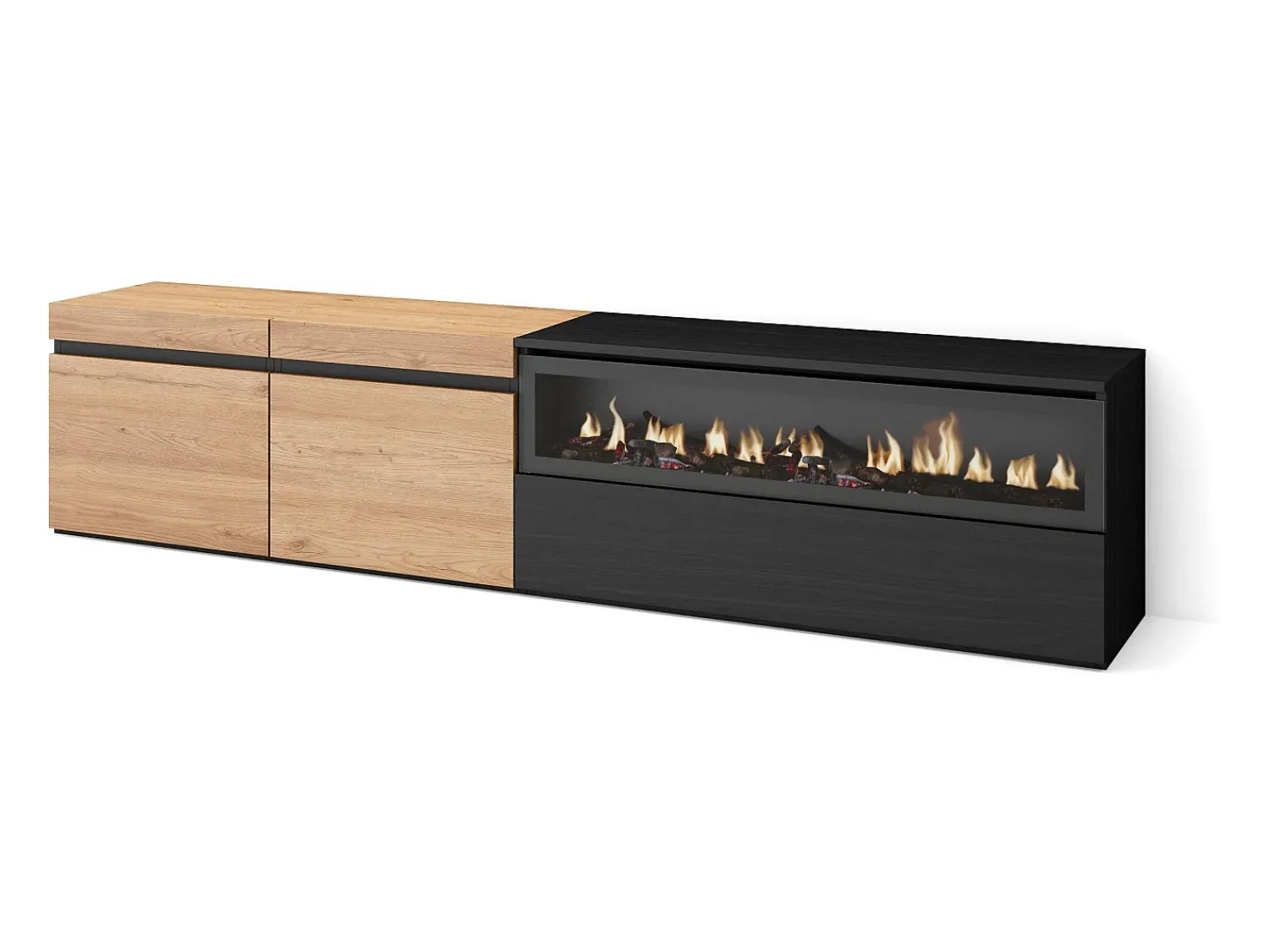 Móvel De Tv|Skraut Home Móvel de TV, 200x35x45cm, Para televisores até 80", Lareira eléctrica, Carvahlo e preto Natural claro
