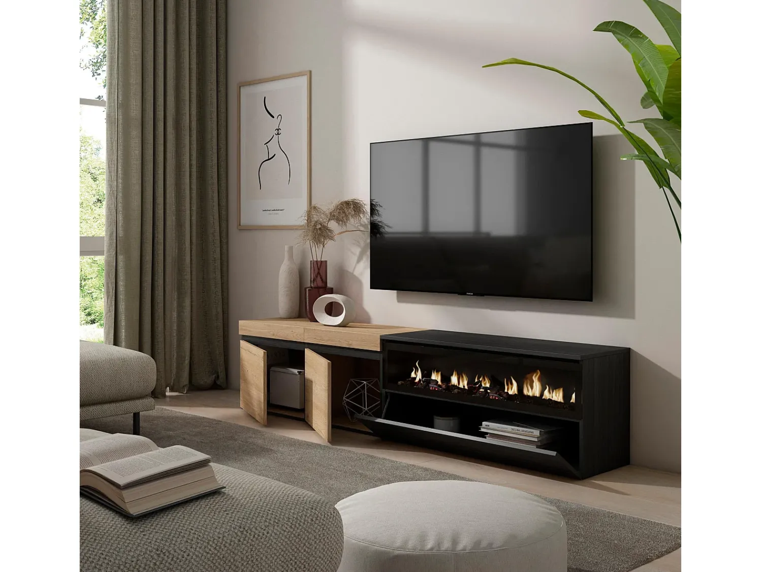 Móvel De Tv|Skraut Home Móvel de TV, 200x35x45cm, Para televisores até 80", Lareira eléctrica, Carvahlo e preto Natural claro