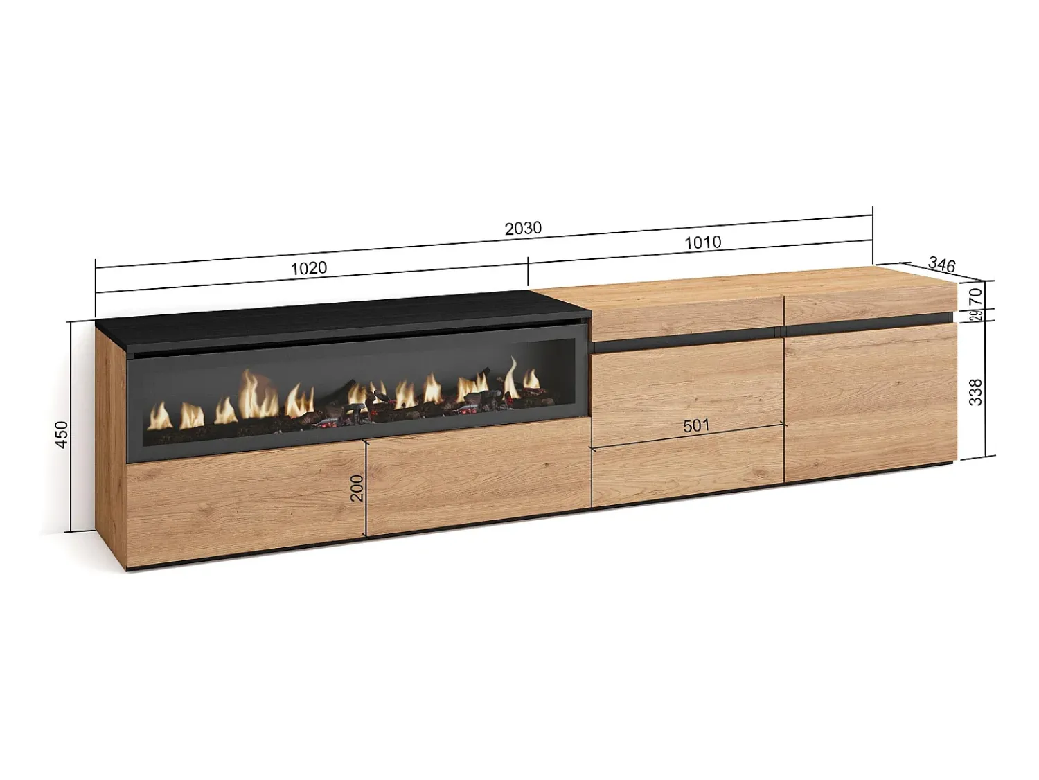 Móvel De Tv|Skraut Home Móvel de TV, 200x35x45cm, Para televisores até 80", Lareira eléctrica, Carvahlo e preto Natural claro