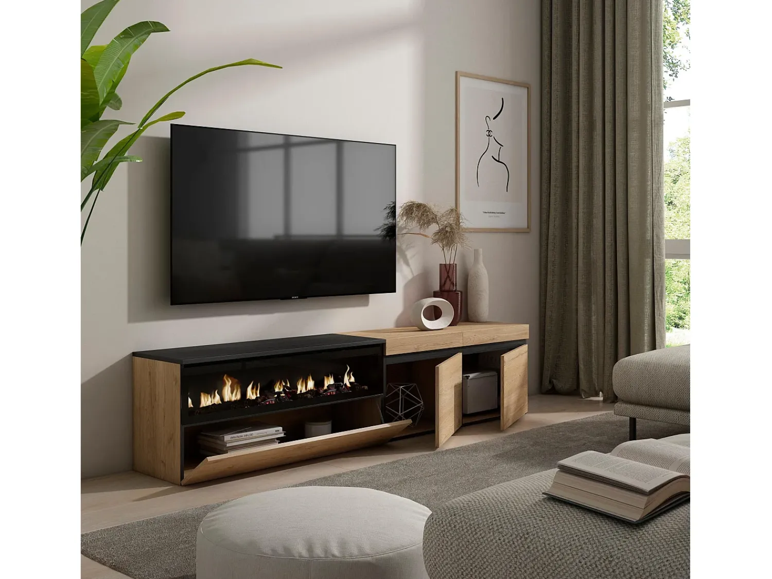 Móvel De Tv|Skraut Home Móvel de TV, 200x35x45cm, Para televisores até 80", Lareira eléctrica, Carvahlo e preto Natural claro