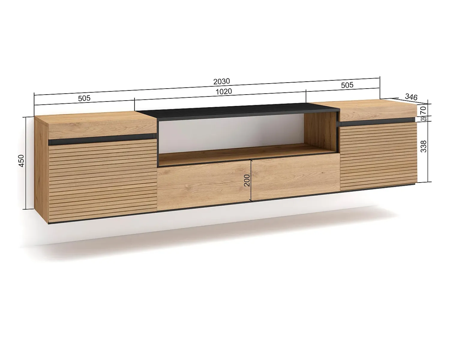 Móvel De Tv*Skraut Home Móvel de TV, 200x35x45cm, Para televisores até 80", Suspensos, Carvahlo Natural claro