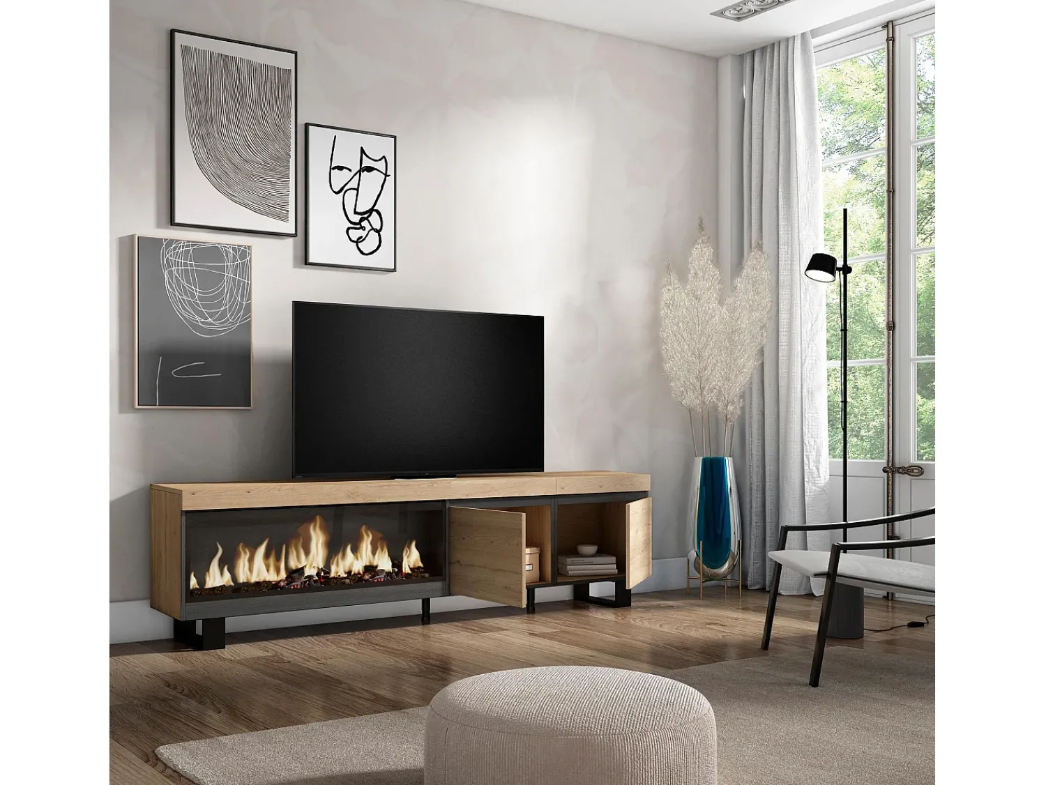 Skraut Home Móvel de TV, 208x35x57cm, Para televisores até 80", Lareira eléctrica XXL, Design industrial, Carvahlo^ Móvel De Tv