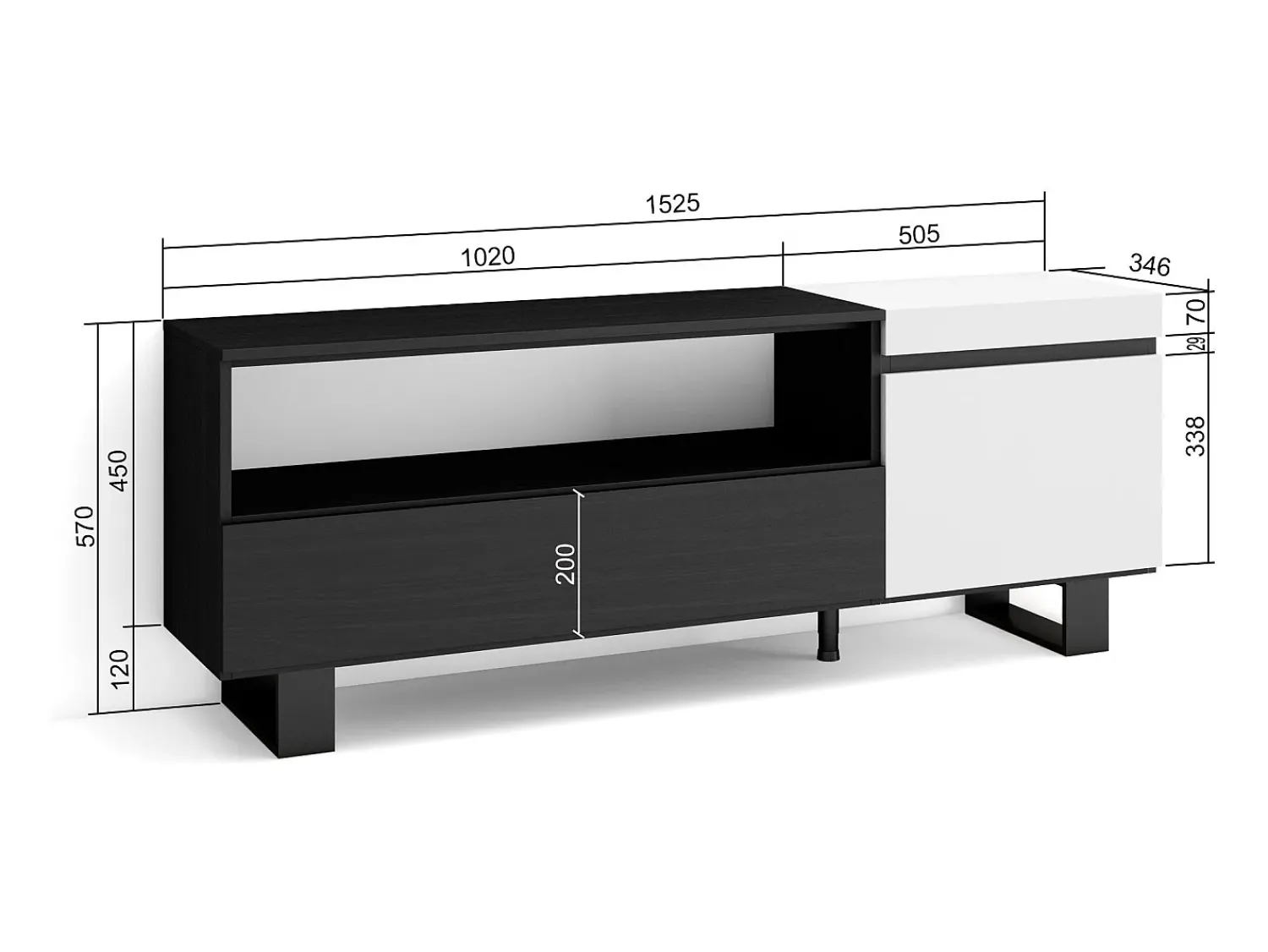 Móvel De Tv*Skraut Home Móvel de TV, 150x35x57cm, Para televisores até 65", Design industrial, e preto Branco