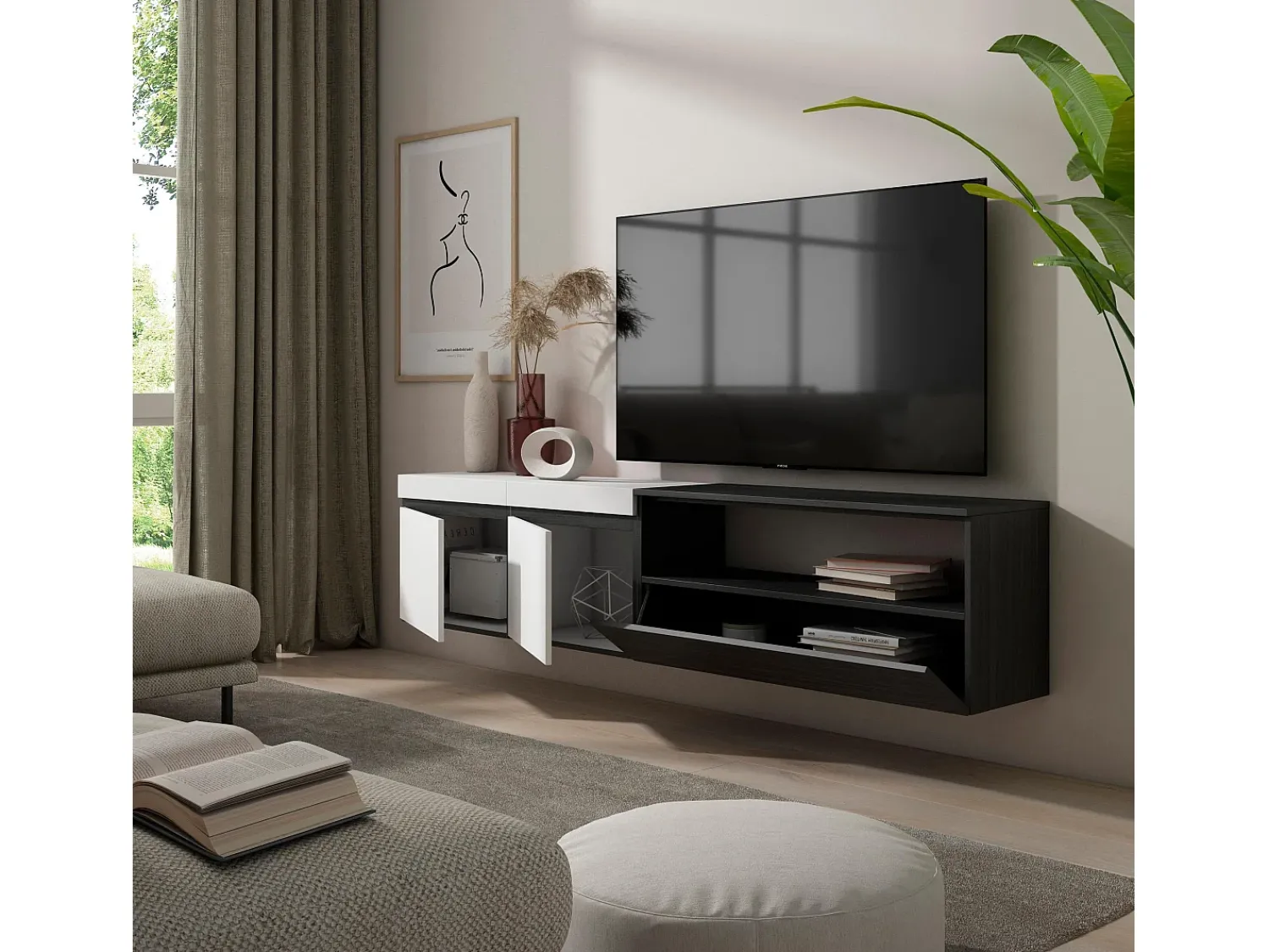 Sale Skraut Home Móvel de TV, 200x35x45cm, Para televisores até 80", Suspensos, e preto Branco