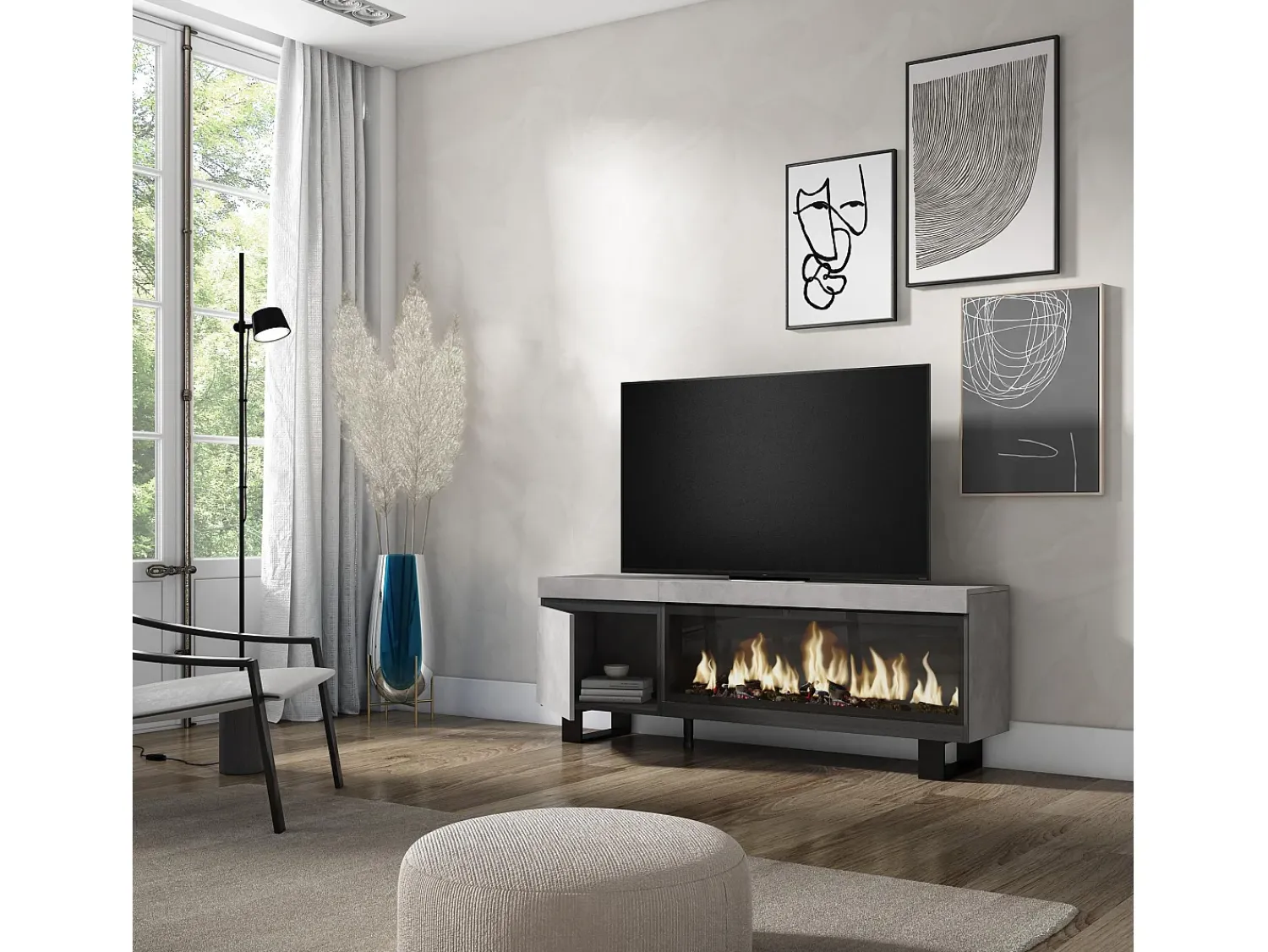 Móvel De Tv|Skraut Home Móvel de TV, 158x35x57cm, Para televisores até 65", Lareira eléctrica XXL, Design industrial, Cimento Cinzento