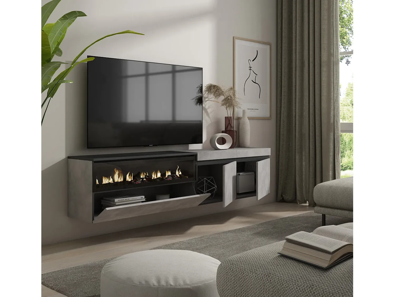 Móvel De Tv*Skraut Home Móvel de TV, 200x35x45cm, Para televisores até 80", Lareira eléctrica, Suspensos, Cimento Cinzento
