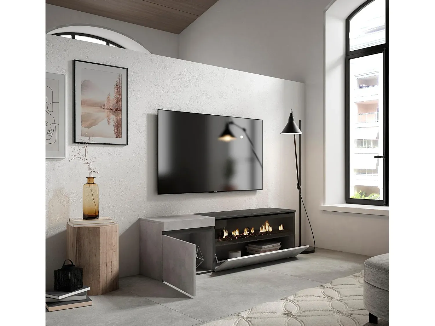Skraut Home Móvel de TV, 150x35x45cm, Para televisores até 65", Lareira eléctrica, Cimento^ Móvel De Tv