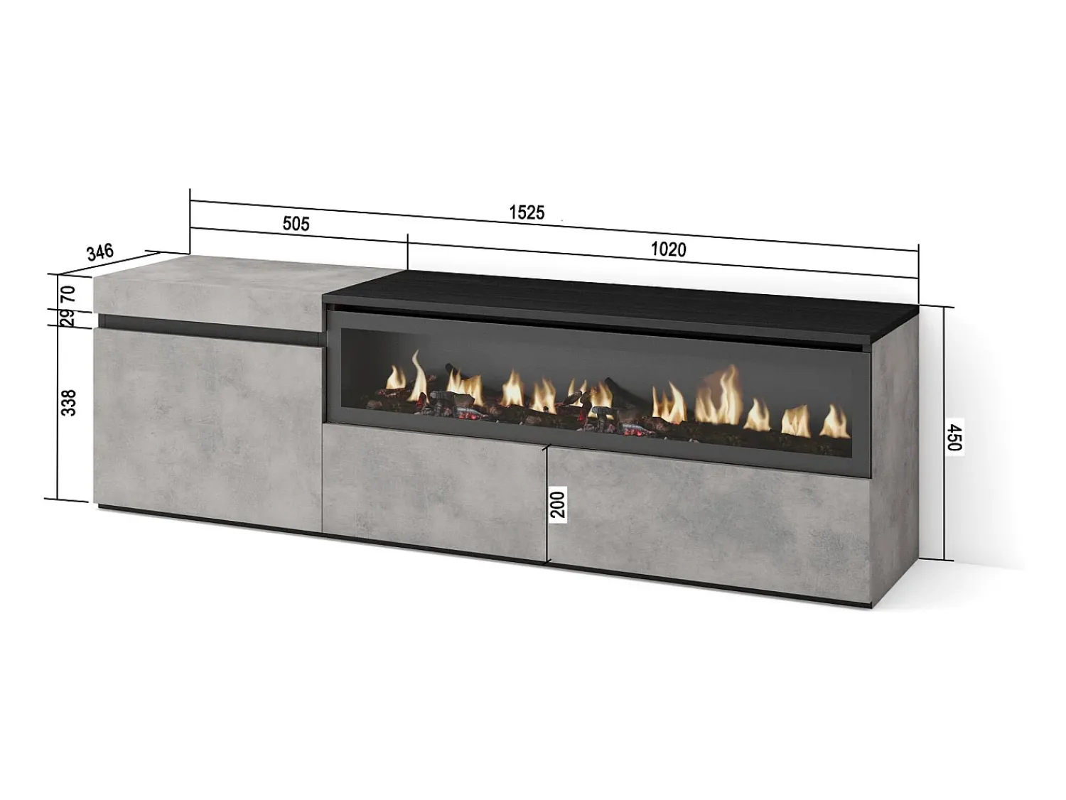 Skraut Home Móvel de TV, 150x35x45cm, Para televisores até 65", Lareira eléctrica, Cimento^ Móvel De Tv