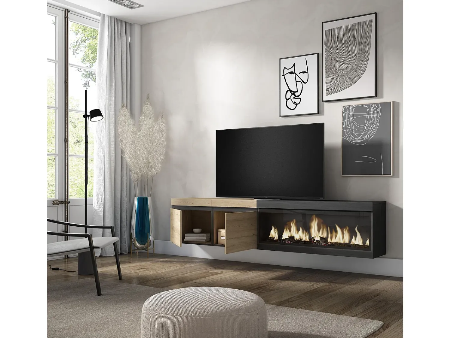 Outlet Skraut Home Móvel de TV, 208x35x45cm, Para televisores até 80", Lareira eléctrica XXL, Suspensos, Carvahlo e preto Natural claro
