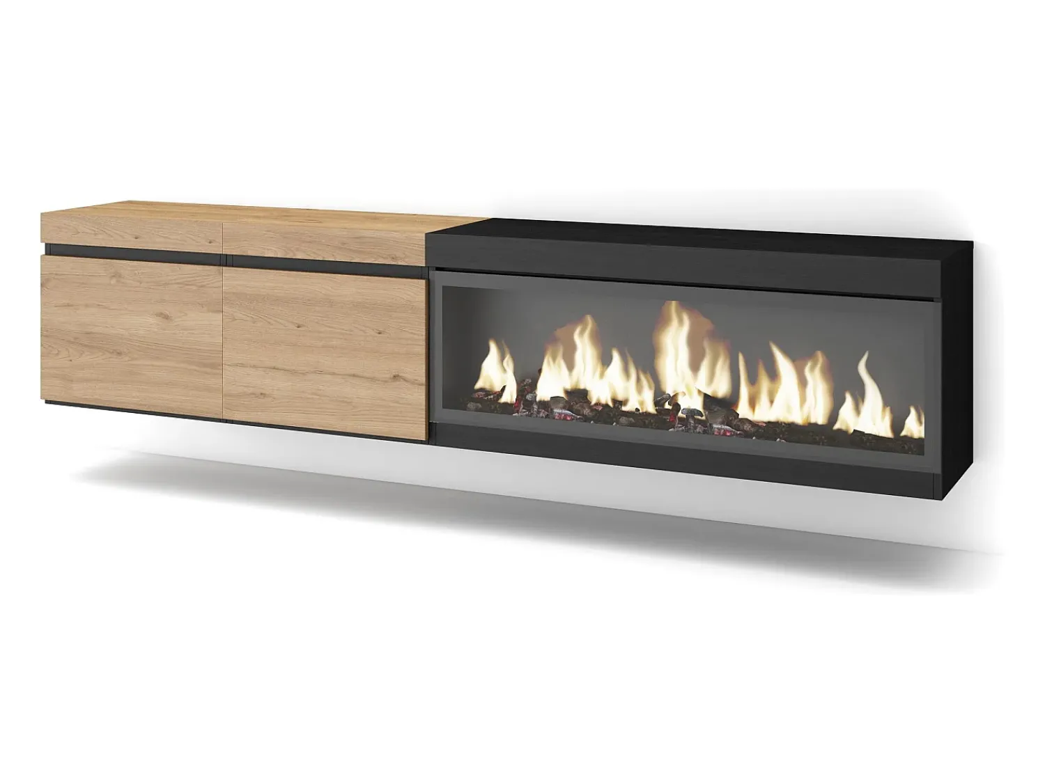 Outlet Skraut Home Móvel de TV, 208x35x45cm, Para televisores até 80", Lareira eléctrica XXL, Suspensos, Carvahlo e preto Natural claro