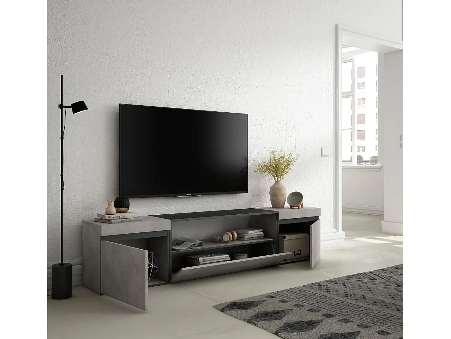 Móvel De Tv|Skraut Home Móvel de TV, 200x35x45cm, Para televisores até 80", Estante para TV, Cimento Cinzento
