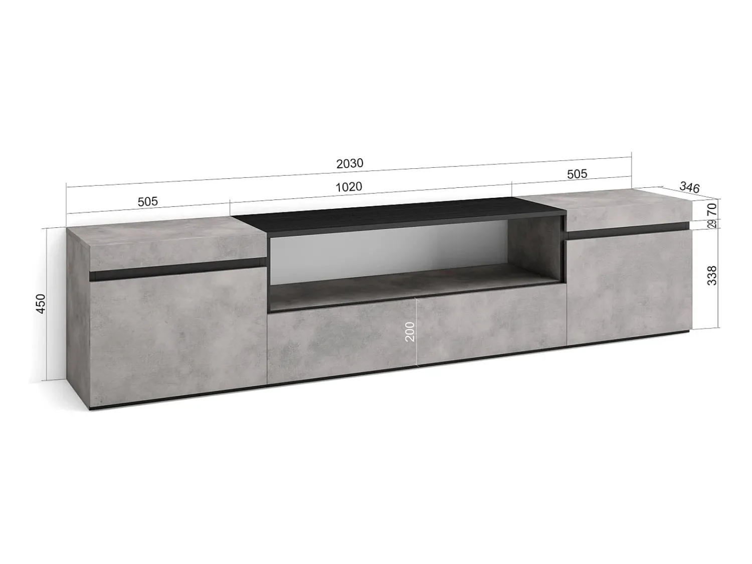 Móvel De Tv|Skraut Home Móvel de TV, 200x35x45cm, Para televisores até 80", Estante para TV, Cimento Cinzento