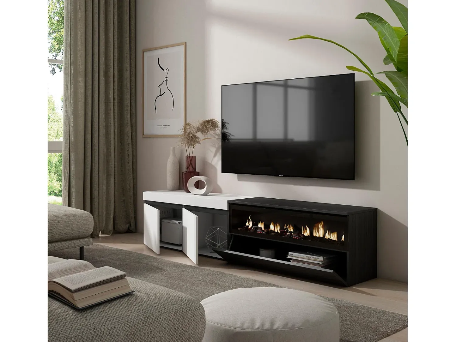 Móvel De Tv*Skraut Home Móvel de TV, 200x35x45cm, Para televisores até 80", Lareira eléctrica, e preto Branco