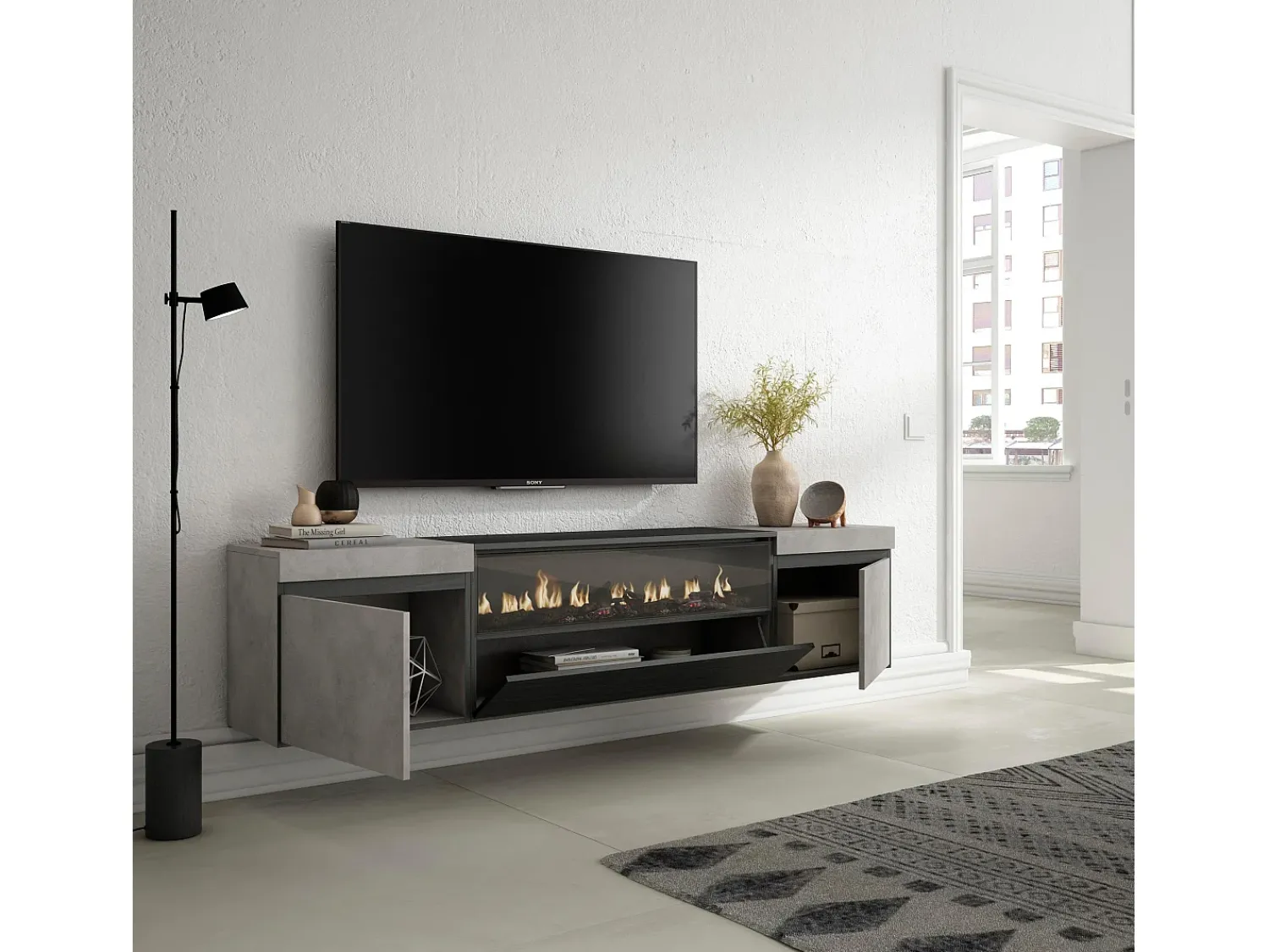 Móvel De Tv*Skraut Home Móvel de TV, 200x35x45cm, Para televisores até 80", Lareira eléctrica, Suspensos, Cimento Cinzento