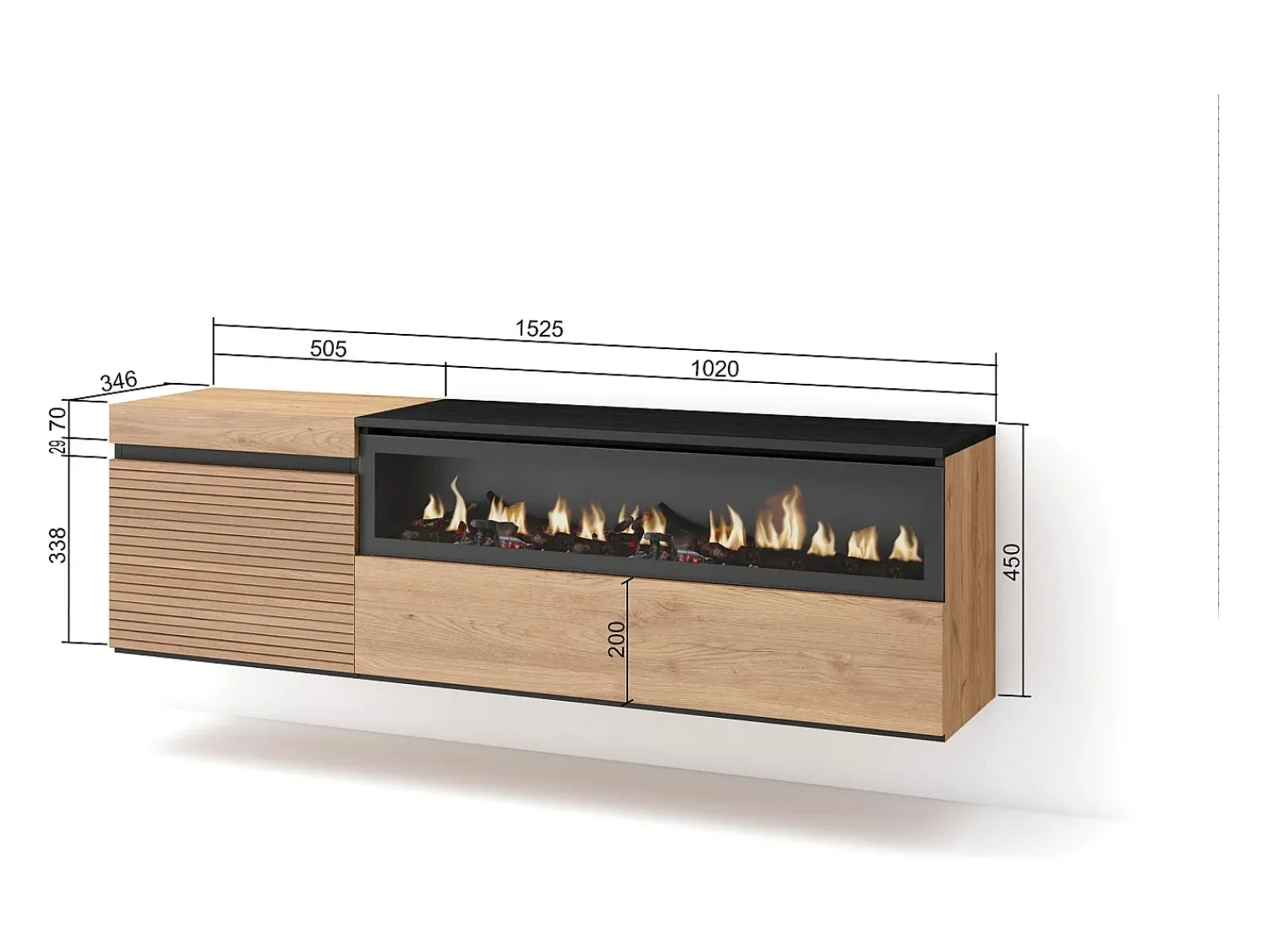 Skraut Home Móvel de TV, 150x35x45cm, Para televisores até 65", Lareira eléctrica, Suspensos, Carvahlo Natural claro