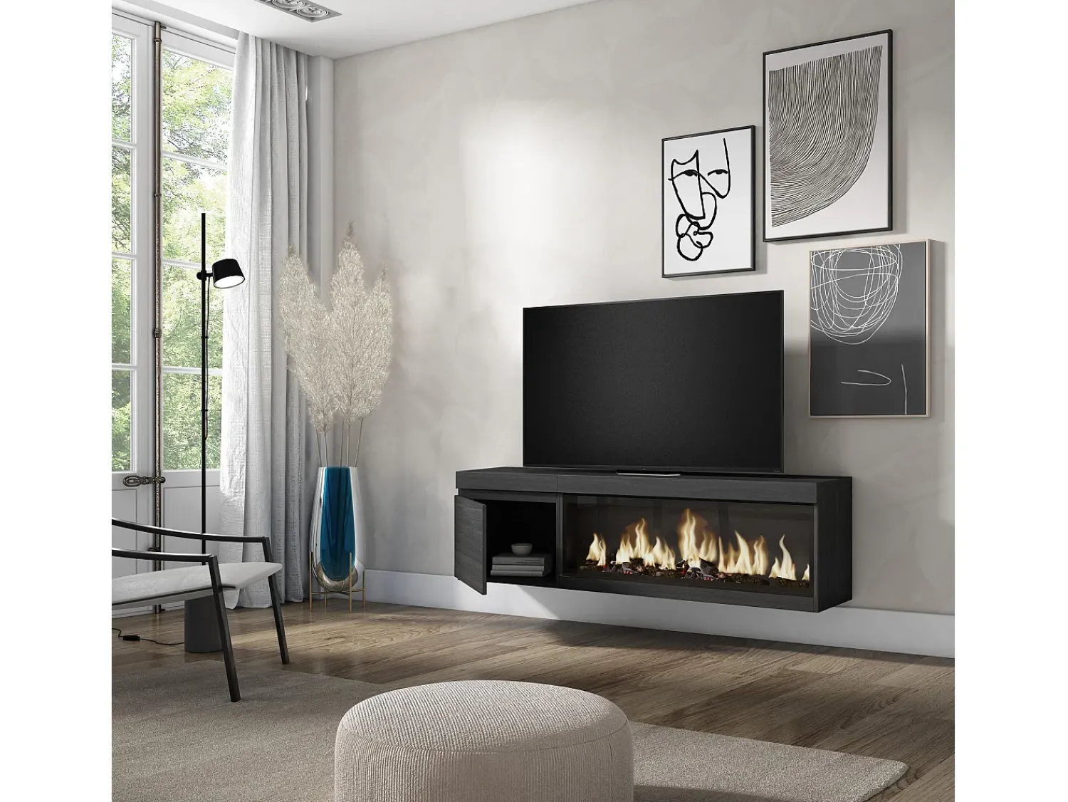 Sale Skraut Home Móvel de TV, 158x35x45cm, Para televisores até 65", Lareira eléctrica XXL, Suspensos, Preto
