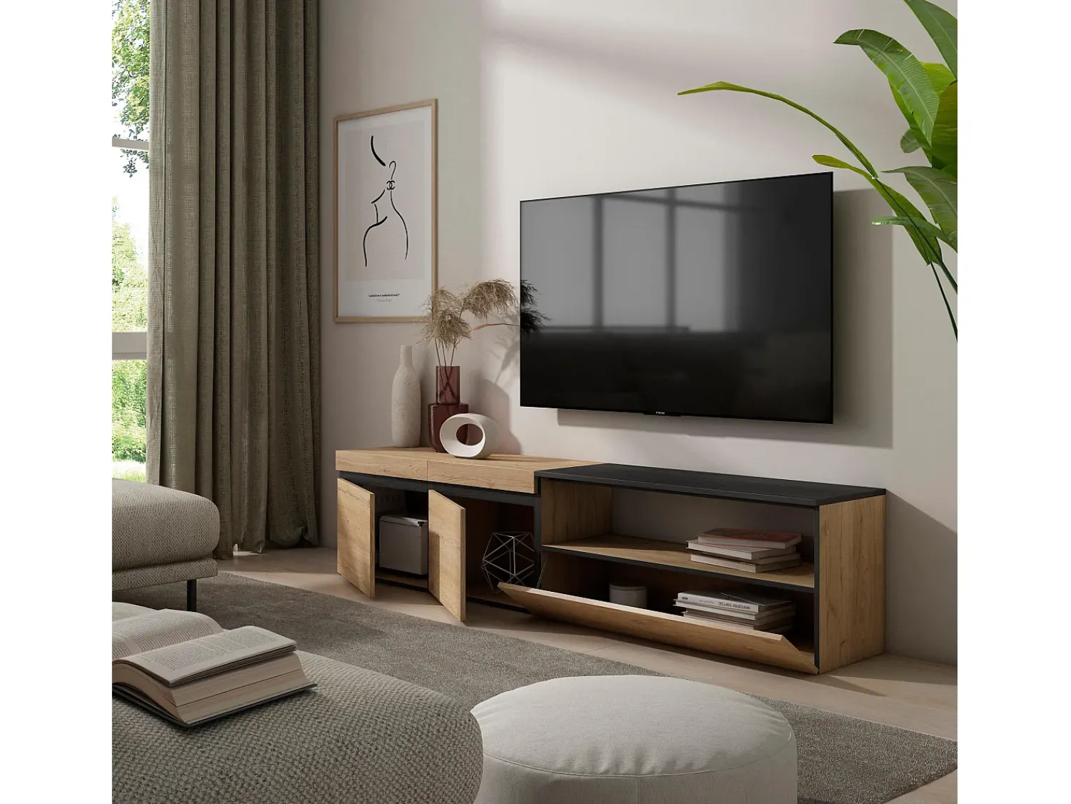 Sale Skraut Home Móvel de TV, 200x35x45cm, Para televisores até 80", Estante para TV, Carvahlo e preto Natural claro