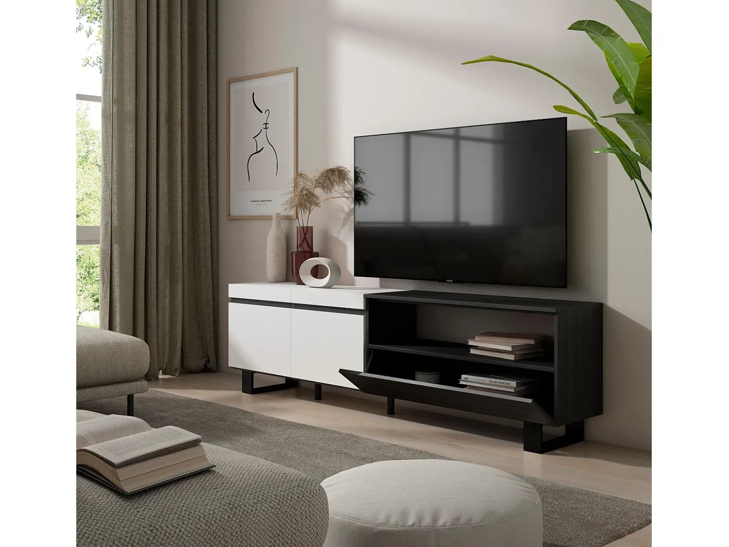 Móvel De Tv|Skraut Home Móvel de TV, 200x35x57cm, Para televisores até 80", Design industrial, e preto Branco