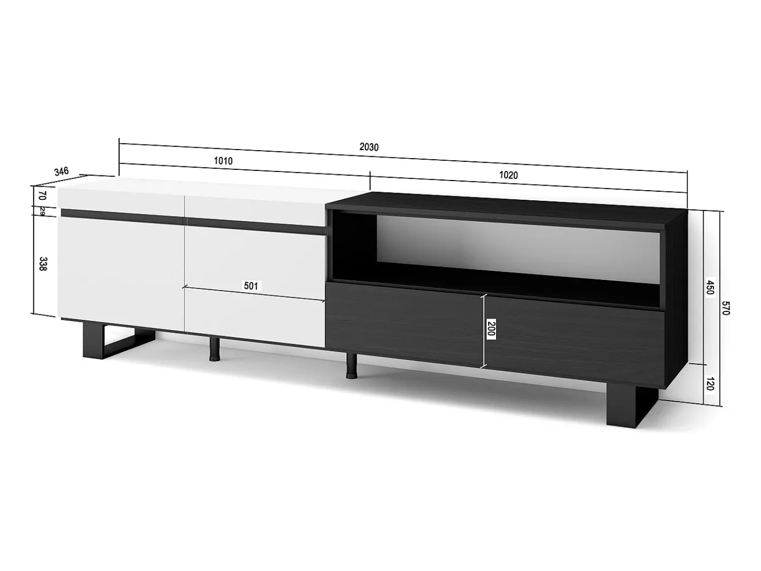 Móvel De Tv|Skraut Home Móvel de TV, 200x35x57cm, Para televisores até 80", Design industrial, e preto Branco