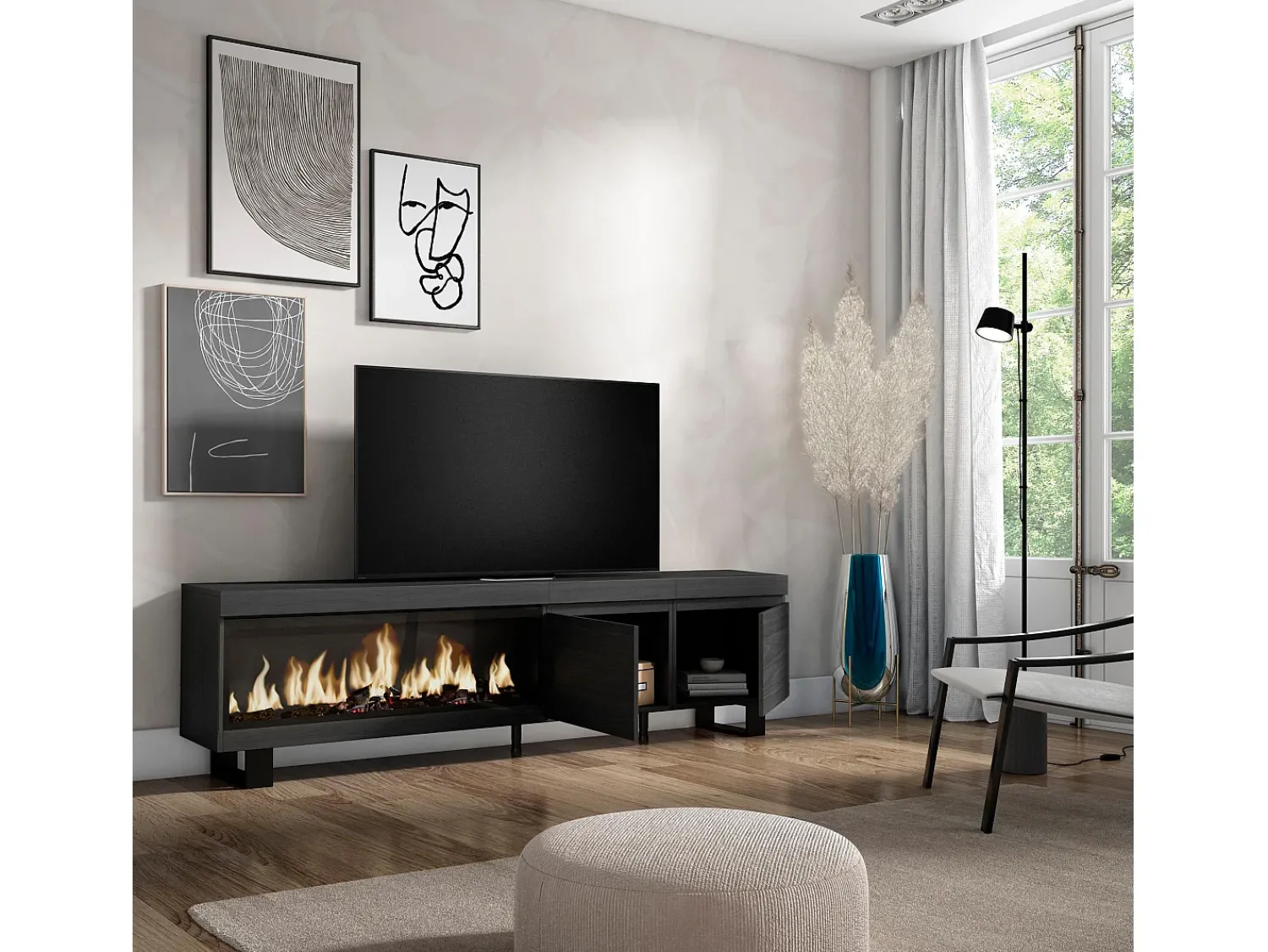 Skraut Home Móvel de TV, 208x35x57cm, Para televisores até 80", Lareira eléctrica XXL, Design industrial,^ Móvel De Tv