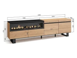 Móvel De Tv*Skraut Home Móvel de TV, 200x35x57cm, Para televisores até 80", Lareira eléctrica, Design industrial, Carvahlo e preto Natural claro