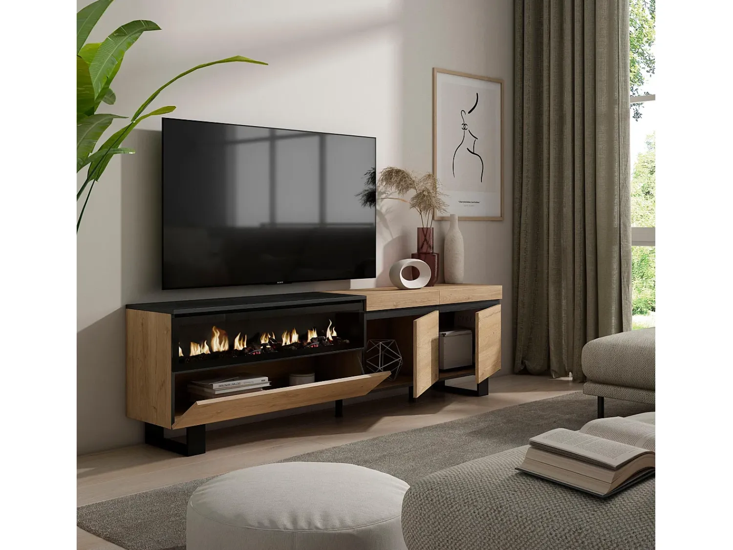 Móvel De Tv*Skraut Home Móvel de TV, 200x35x57cm, Para televisores até 80", Lareira eléctrica, Design industrial, Carvahlo e preto Natural claro