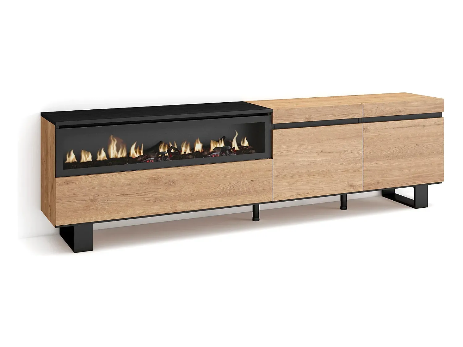 Móvel De Tv*Skraut Home Móvel de TV, 200x35x57cm, Para televisores até 80", Lareira eléctrica, Design industrial, Carvahlo e preto Natural claro