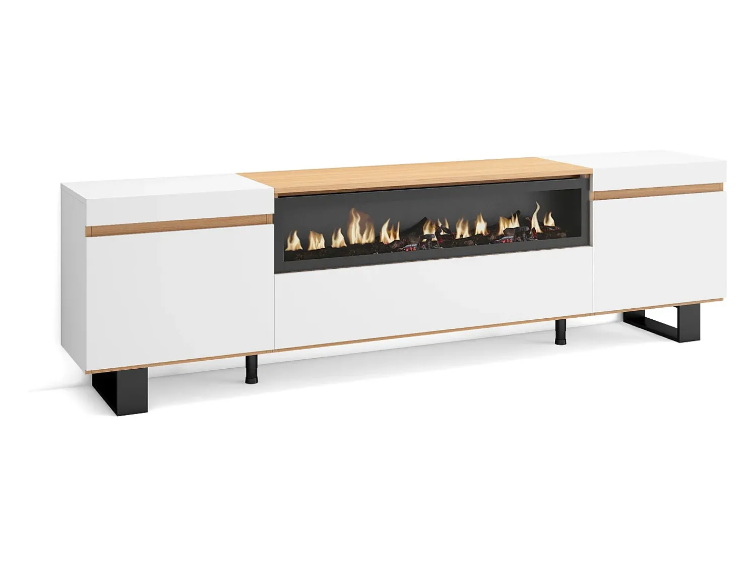 Móvel De Tv|Skraut Home Móvel de TV, 200x35x57cm, Para televisores até 80", Lareira eléctrica, Design industrial, e Carvalho soft Branco