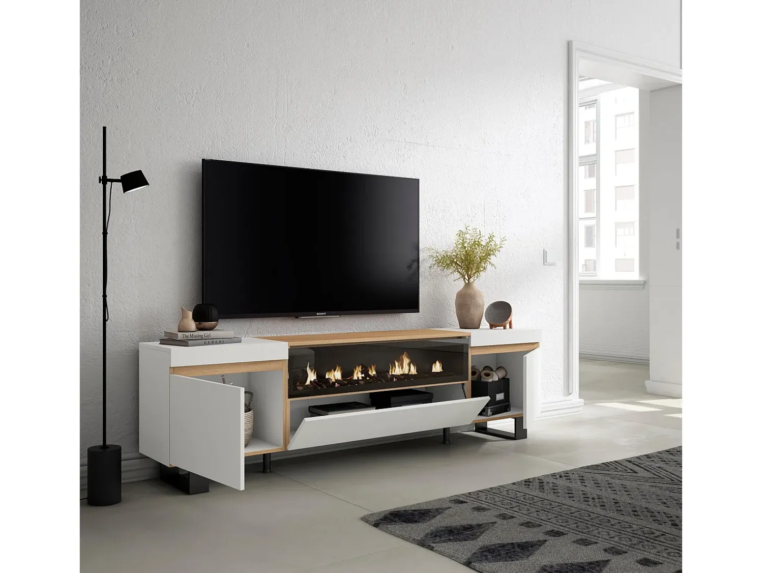 Móvel De Tv|Skraut Home Móvel de TV, 200x35x57cm, Para televisores até 80", Lareira eléctrica, Design industrial, e Carvalho soft Branco
