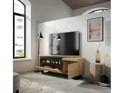 Skraut Home Móvel de TV, 150x35x57cm, Para televisores até 65", Lareira eléctrica, Design industrial, Carvahlo e preto^ Móvel De Tv