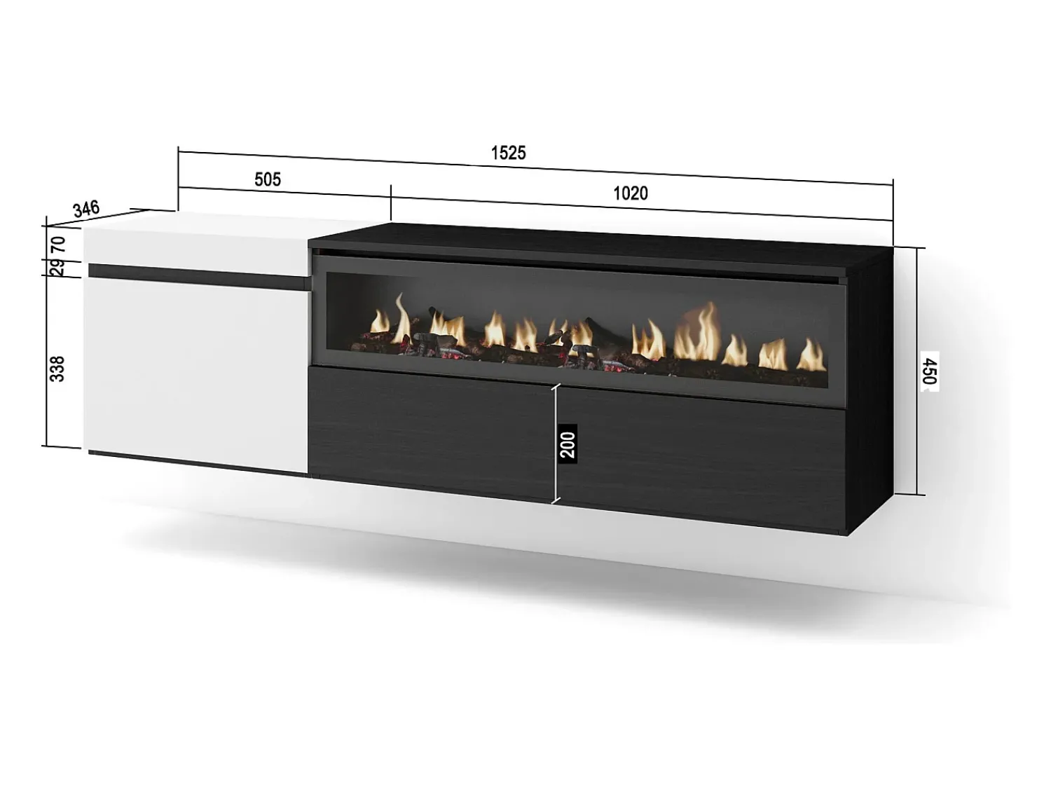 Skraut Home Móvel de TV, 150x35x45cm, Para televisores até 65", Lareira eléctrica, Suspensos, e preto^ Móvel De Tv