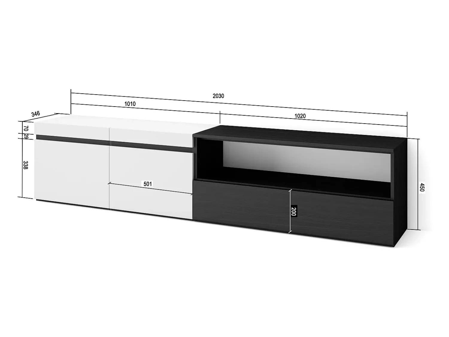 Móvel De Tv*Skraut Home Móvel de TV, 200x35x45cm, Para televisores até 80", Estante para TV, e preto Branco