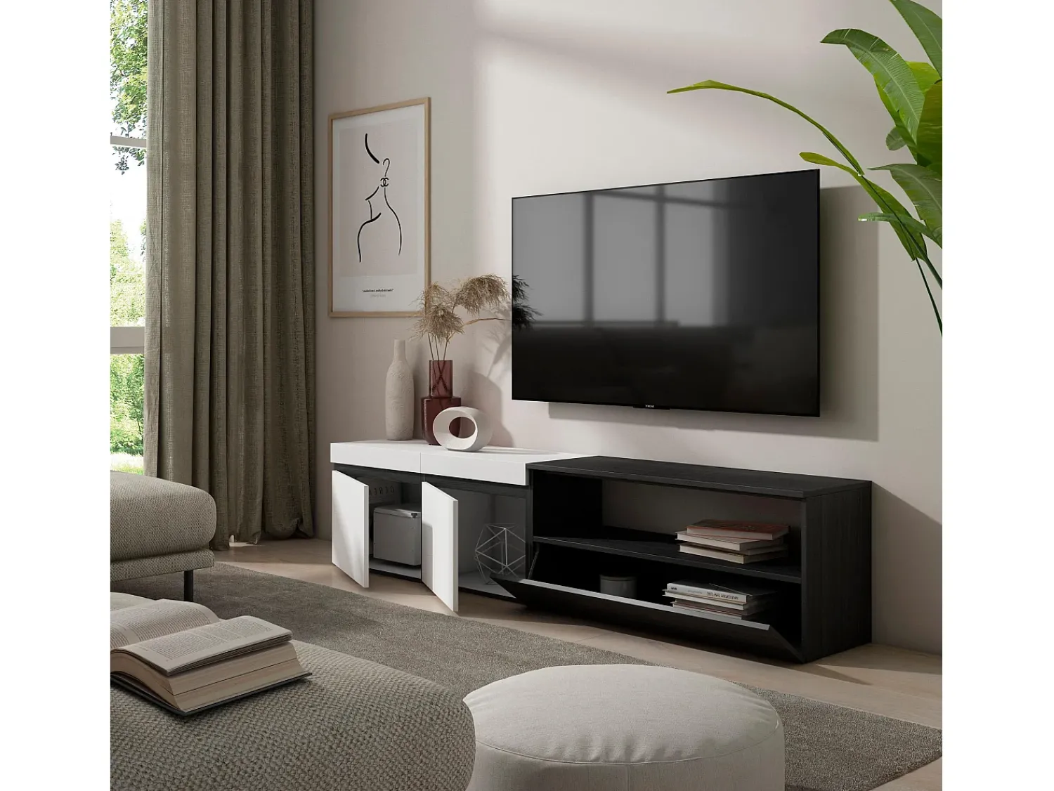 Móvel De Tv*Skraut Home Móvel de TV, 200x35x45cm, Para televisores até 80", Estante para TV, e preto Branco