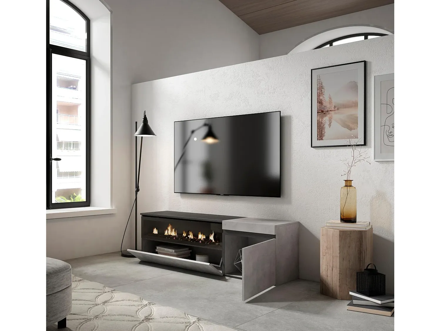Móvel De Tv|Skraut Home Móvel de TV, 150x35x45cm, Para televisores até 65", Lareira eléctrica, Cimento Cinzento